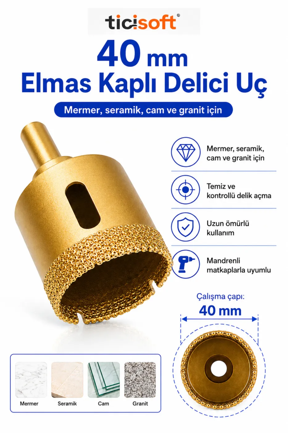 40 mm Elmas Delici Uç Mermer Seramik Cam Granit Panç Matkap Ucu