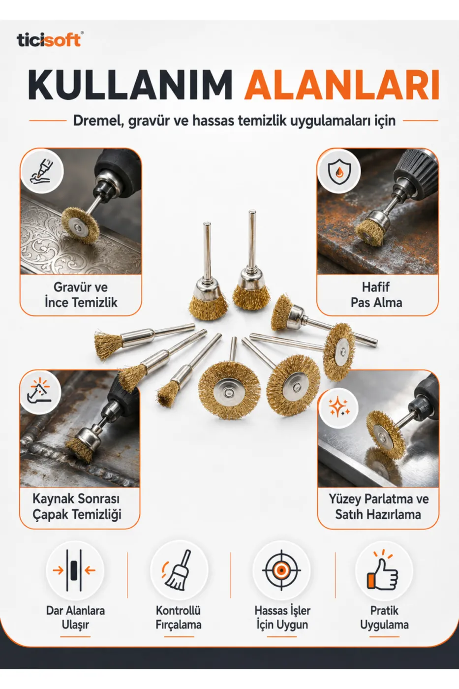 Matkap ve Gravür Uyumlu 37mm Bakır-Çinko-Pirinç Alaşım Tel Fırça 10 Parça 3mm Sap HSS Uç Seti