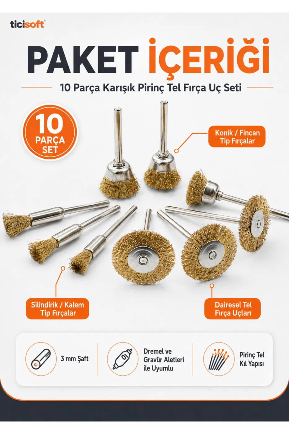 Matkap ve Gravür Uyumlu 37mm Bakır-Çinko-Pirinç Alaşım Tel Fırça 10 Parça 3mm Sap HSS Uç Seti