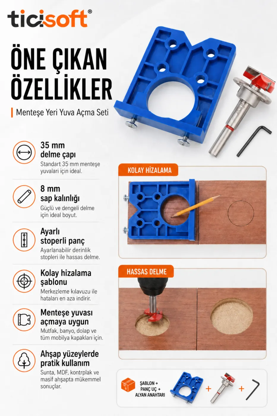 35 mm Menteşe Yeri Yuva Açma Seti Ayarlı Hizalama Kılavuzu ve Stoperli Panç Ucu