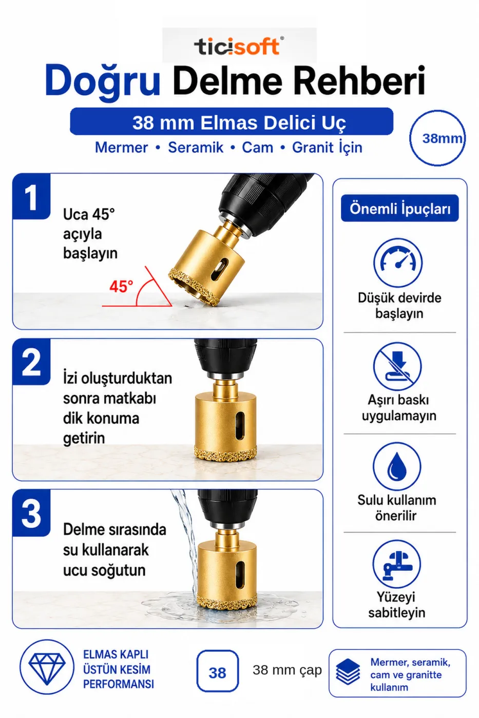 38 mm Elmas Delici Uç Mermer Seramik Cam Granit Panç Matkap Ucu