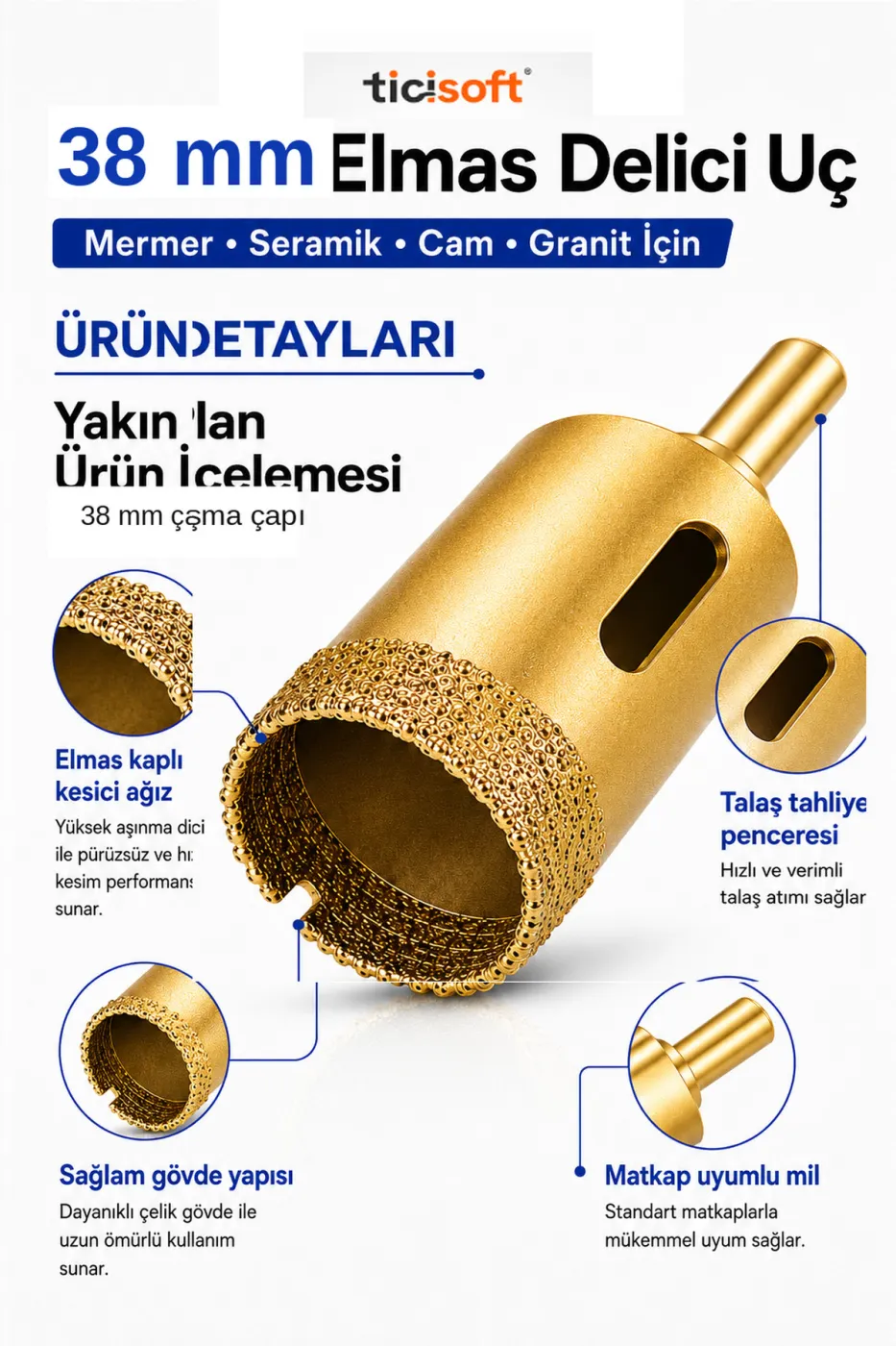 38 mm Elmas Delici Uç Mermer Seramik Cam Granit Panç Matkap Ucu