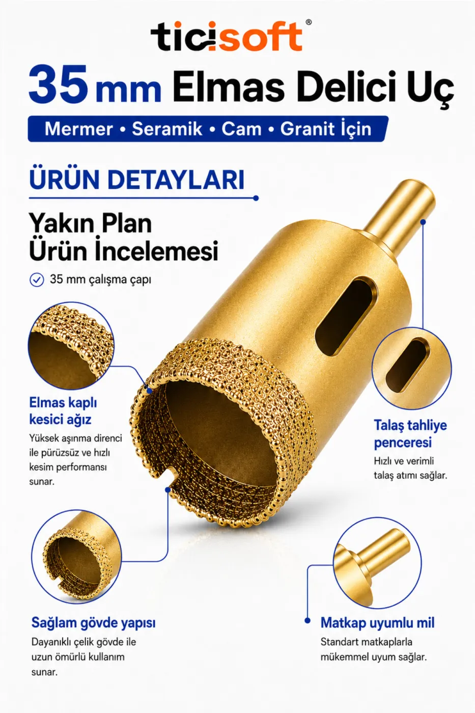 35 mm Elmas Delici Uç Mermer Seramik Cam Granit Panç Matkap Ucu