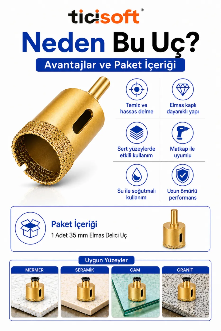 35 mm Elmas Delici Uç Mermer Seramik Cam Granit Panç Matkap Ucu