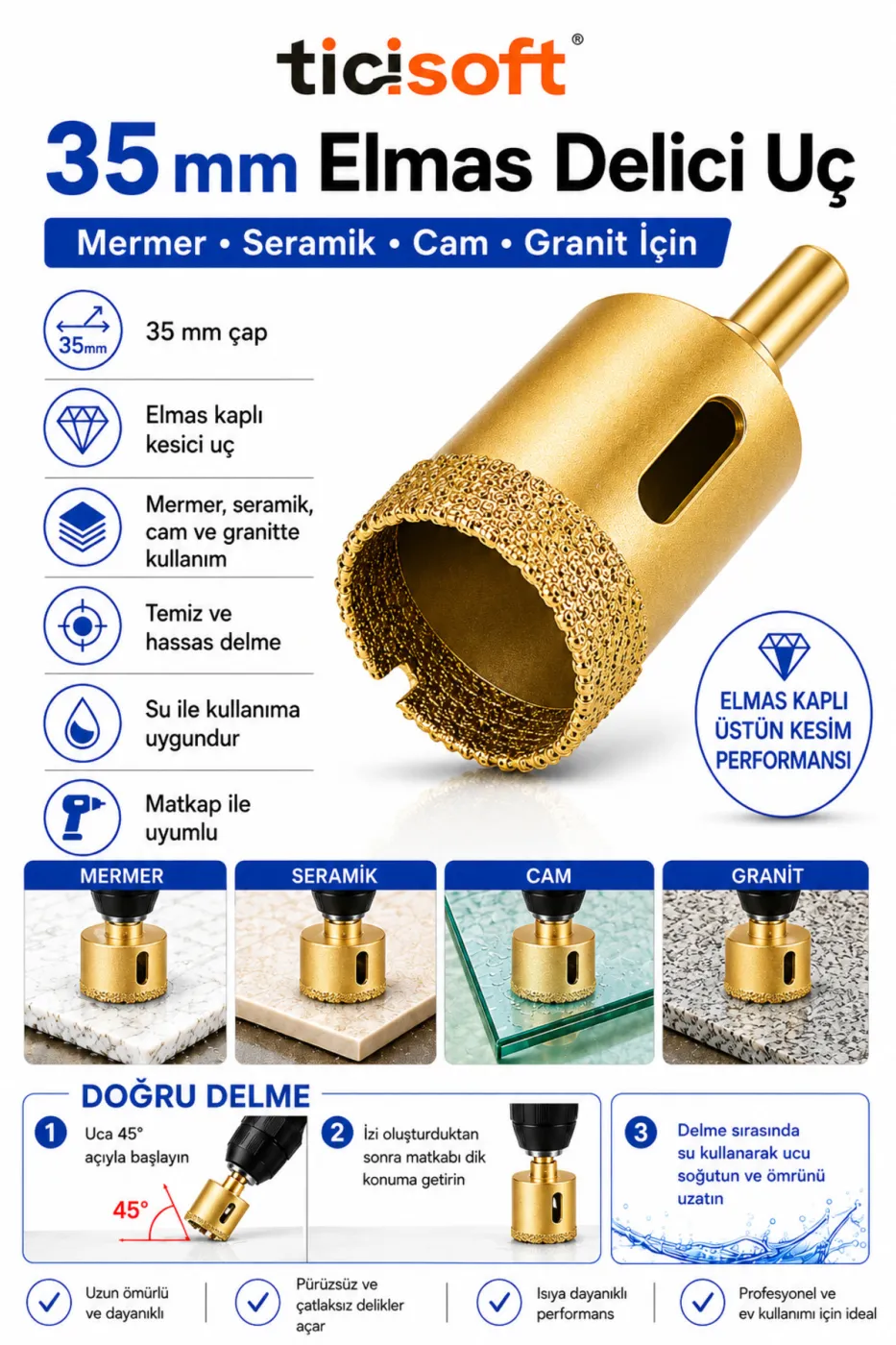 35 mm Elmas Delici Uç Mermer Seramik Cam Granit Panç Matkap Ucu