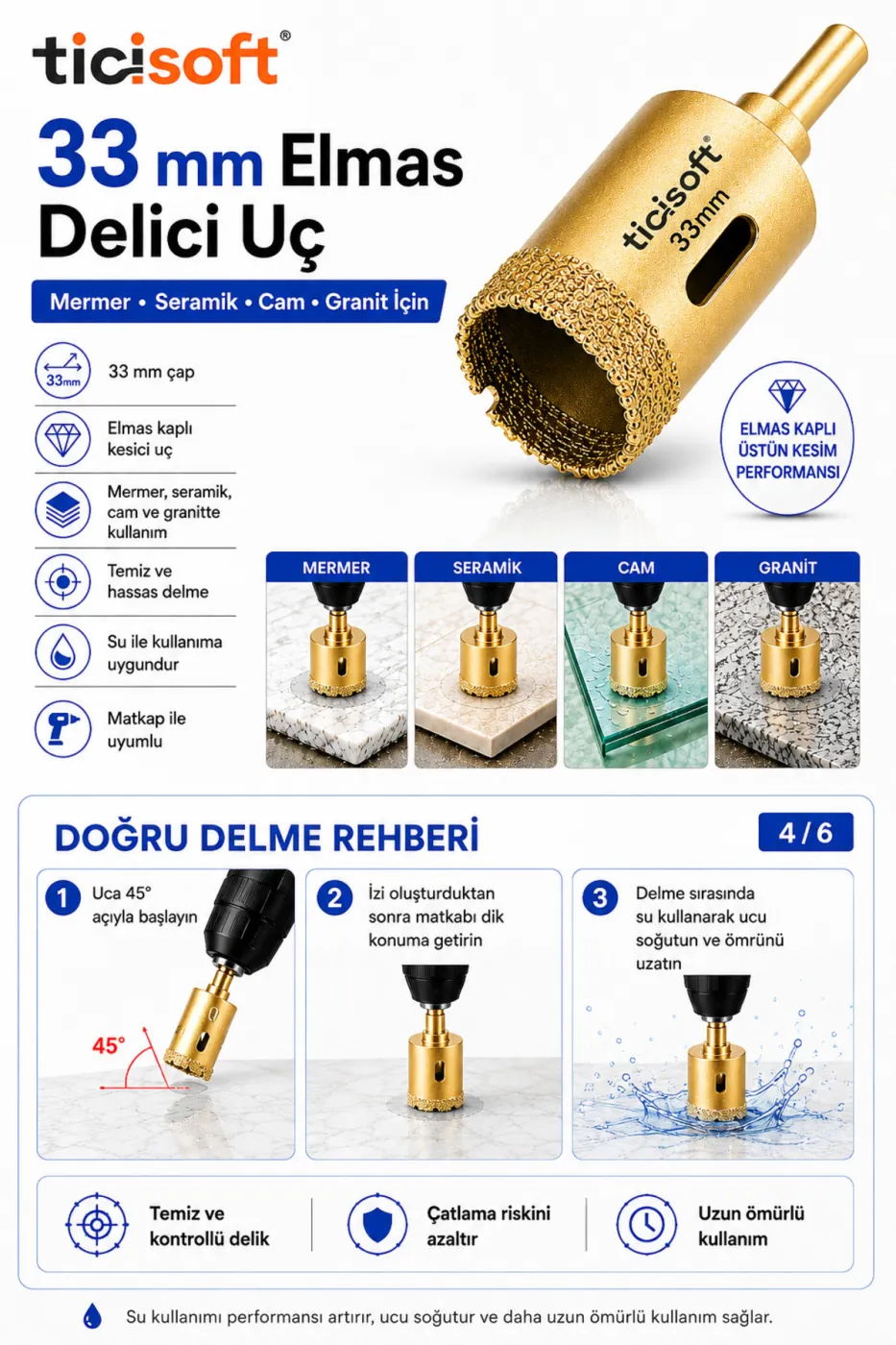 33 mm Elmas Delici Uç Mermer Seramik Cam Granit Panç Matkap Ucu