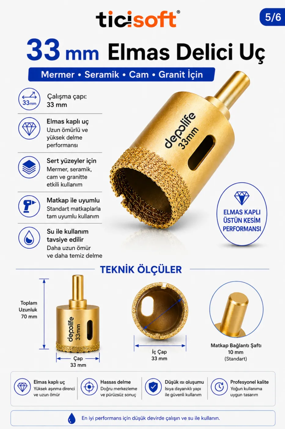 33 mm Elmas Delici Uç Mermer Seramik Cam Granit Panç Matkap Ucu