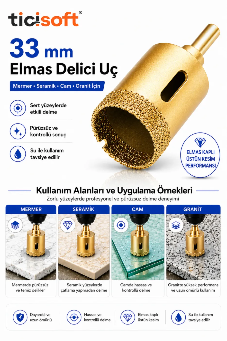33 mm Elmas Delici Uç Mermer Seramik Cam Granit Panç Matkap Ucu