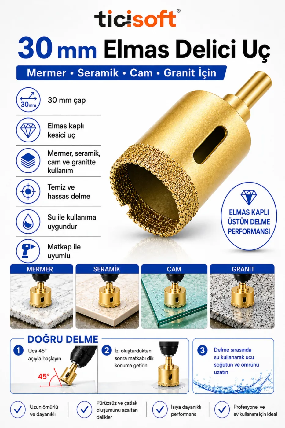 30 mm Elmas Delici Uc Mermer Seramik Cam Granit Panc Matkap Ucu