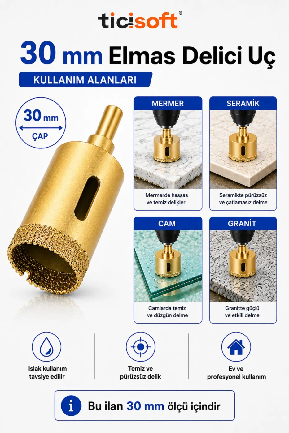 30 mm Elmas Delici Uc Mermer Seramik Cam Granit Panc Matkap Ucu