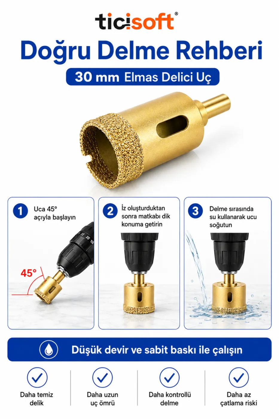 30 mm Elmas Delici Uc Mermer Seramik Cam Granit Panc Matkap Ucu