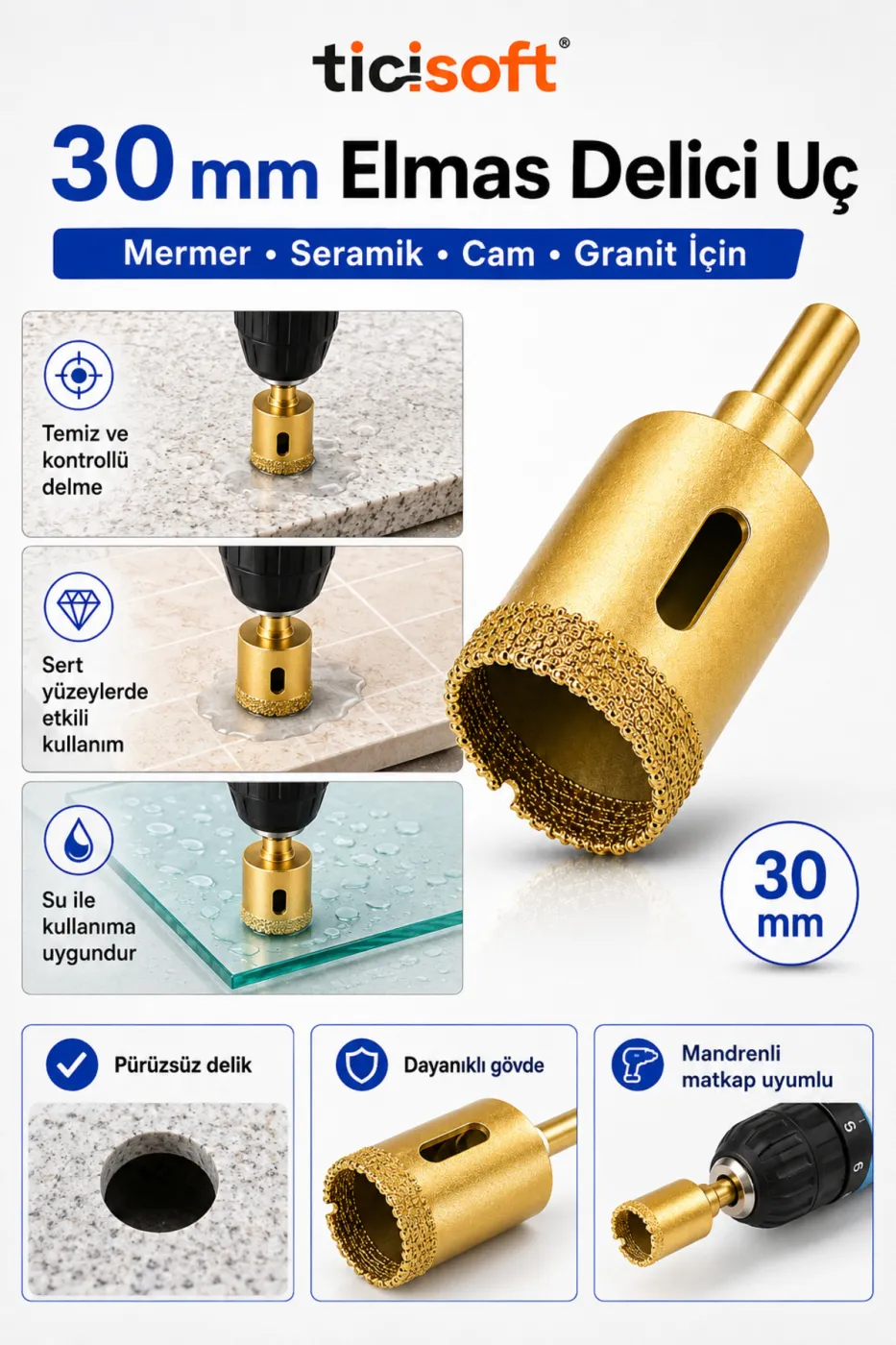 30 mm Elmas Delici Uc Mermer Seramik Cam Granit Panc Matkap Ucu