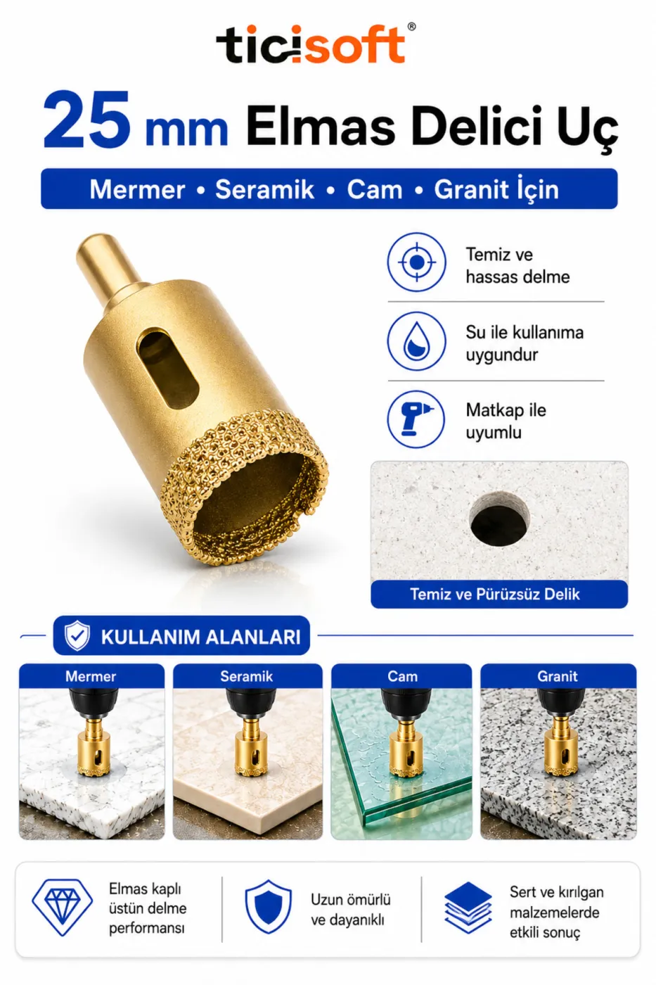 25 mm Elmas Delici Uç Mermer Seramik Cam Granit İçin Panç Matkap Ucu