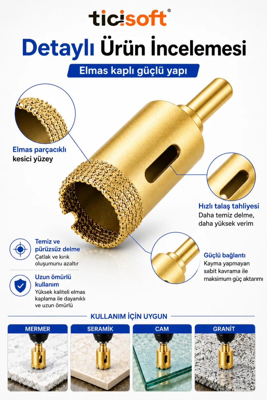 25 mm Elmas Delici Uç Mermer Seramik Cam Granit İçin Panç Matkap Ucu