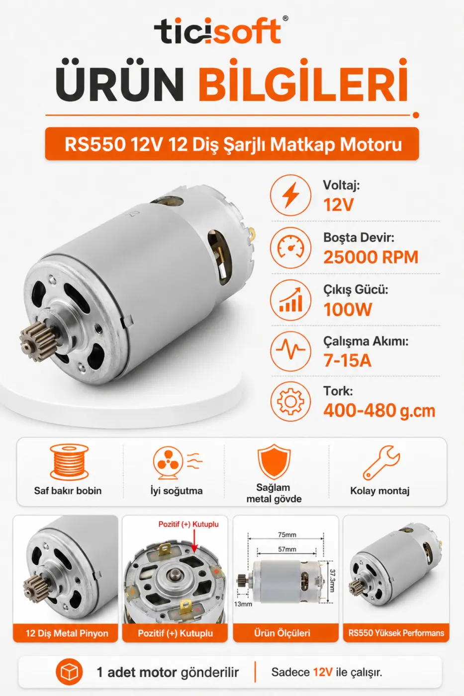 RS550 12V Sarjli Matkap Motoru 12 Dis Pinyonlu DC Akulu Matkap Yedek Motoru 100W