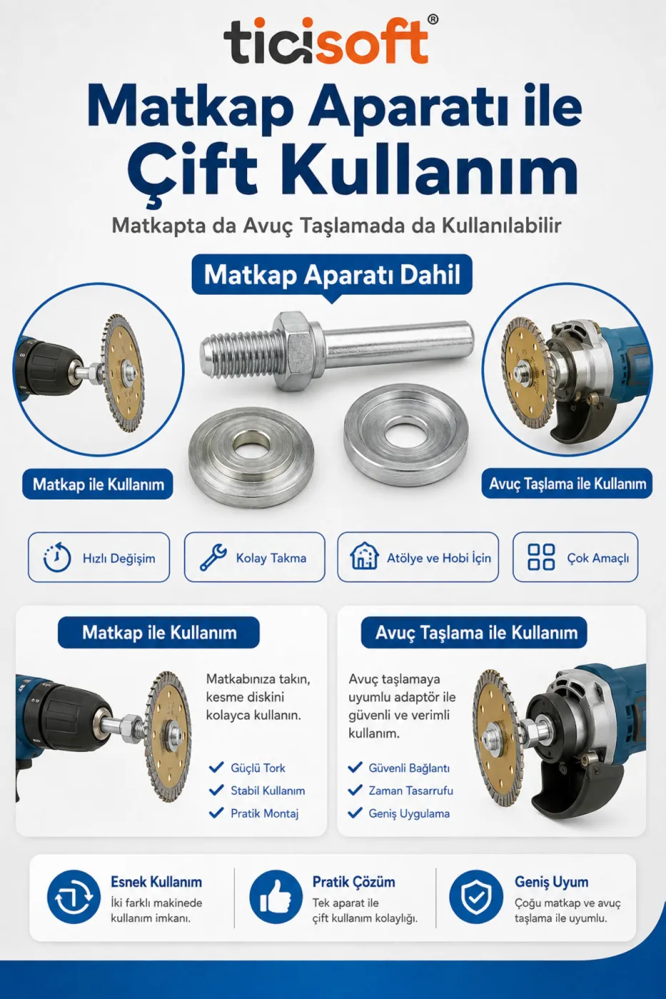 115 mm Çok Amaçlı Disk Seti Matkap Aparatlı 4 Parça Ahşap Mermer Granit Fayans Kesme ve Zımpara Seti