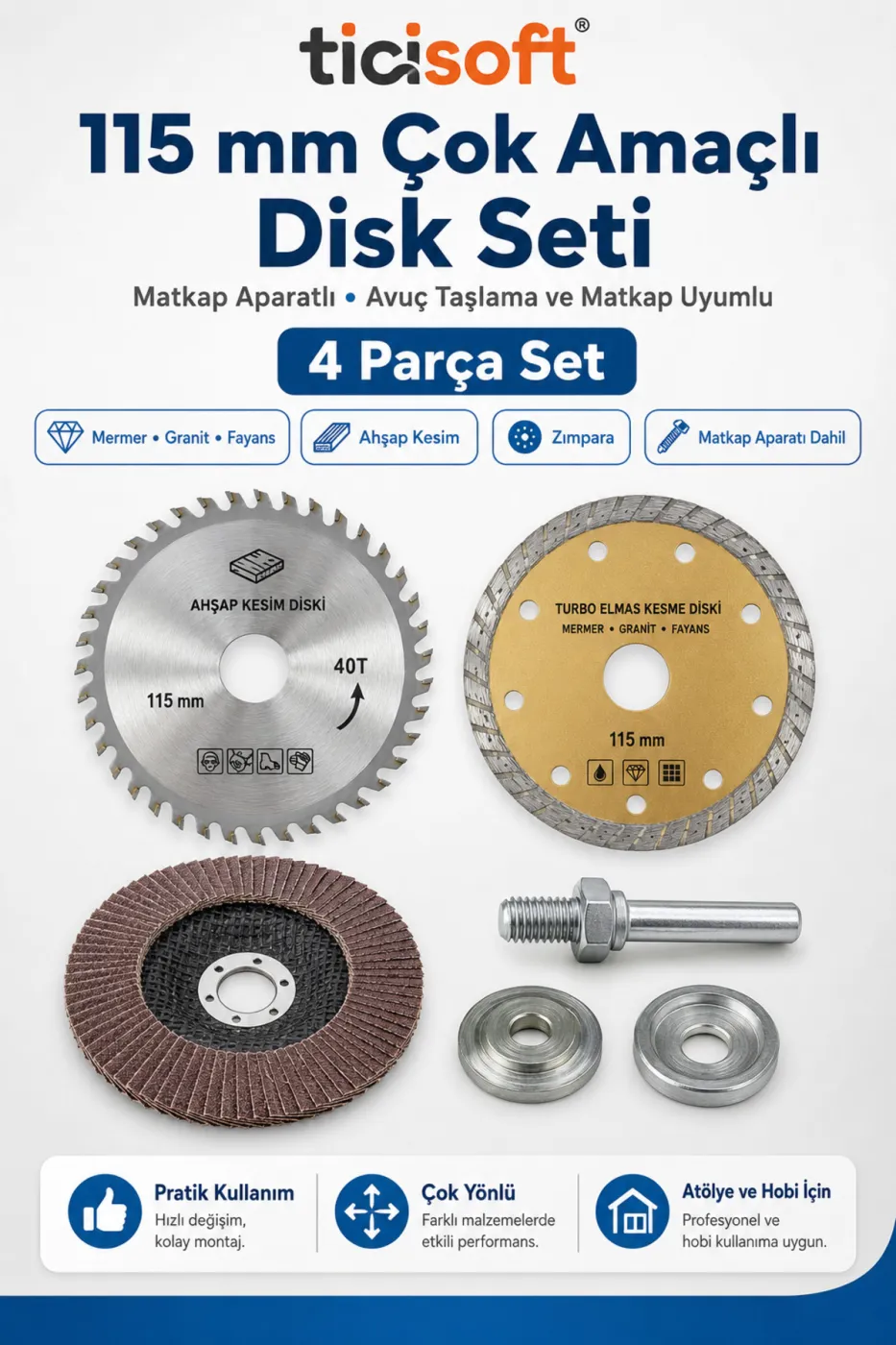 115 mm Çok Amaçlı Disk Seti Matkap Aparatlı 4 Parça Ahşap Mermer Granit Fayans Kesme ve Zımpara Seti