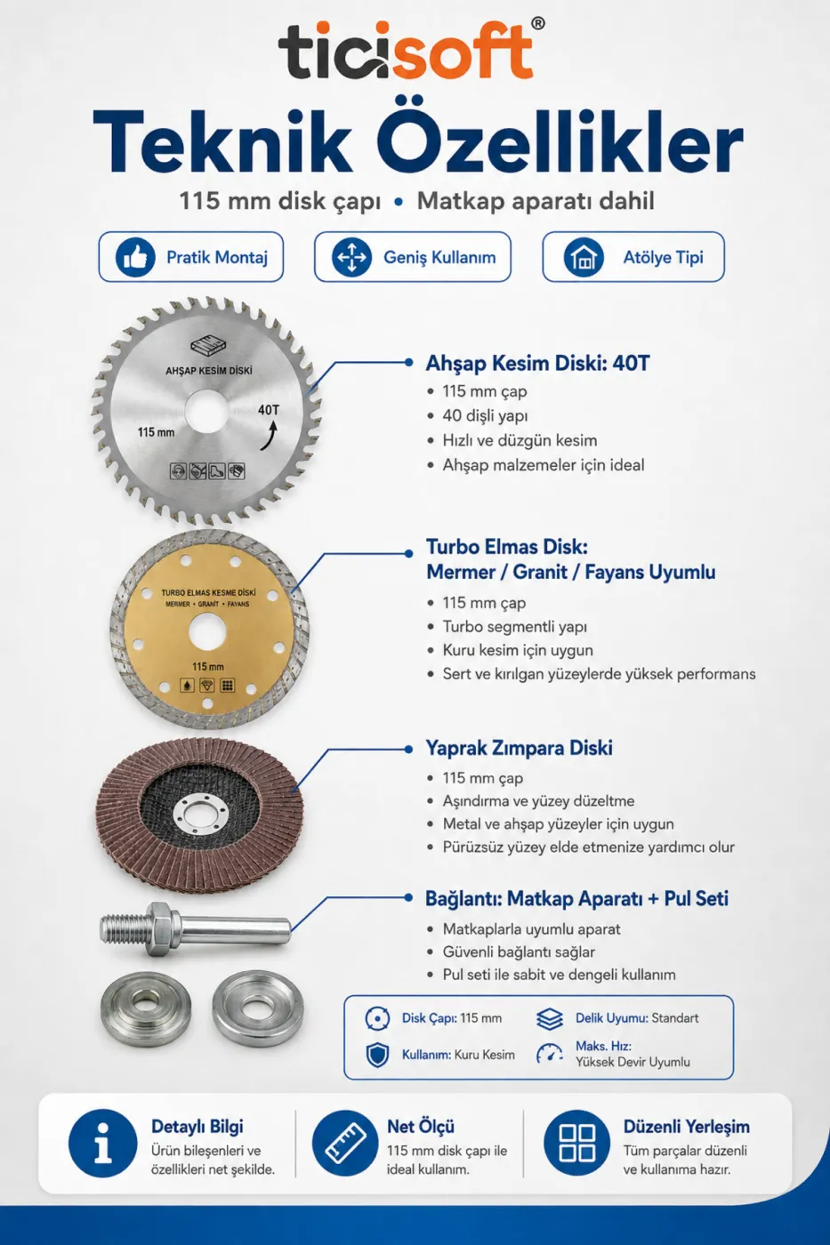 115 mm Çok Amaçlı Disk Seti Matkap Aparatlı 4 Parça Ahşap Mermer Granit Fayans Kesme ve Zımpara Seti