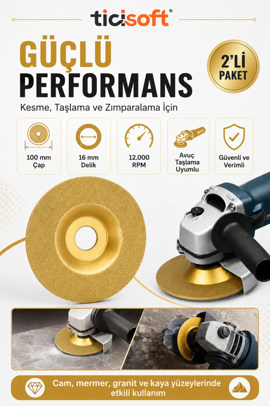 100 mm Elmas Yüzeyli Altın Bileme Taşlama Diski 16 mm Göbek Avuç Taşlama Uyumlu Cam Mermer Granit Seramik 2 Adet