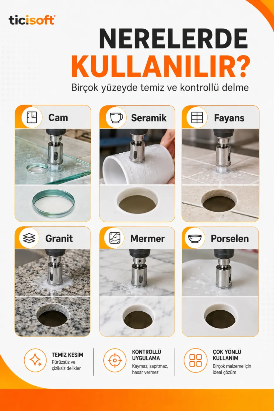70 mm Elmas Kaplı Panç Delici Uç Cam Seramik Mermer Granit Delme Matkap Ucu