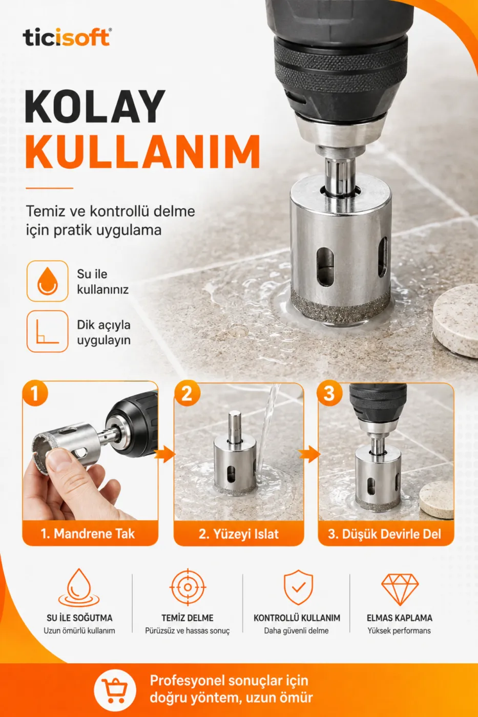 70 mm Elmas Kaplı Panç Delici Uç Cam Seramik Mermer Granit Delme Matkap Ucu