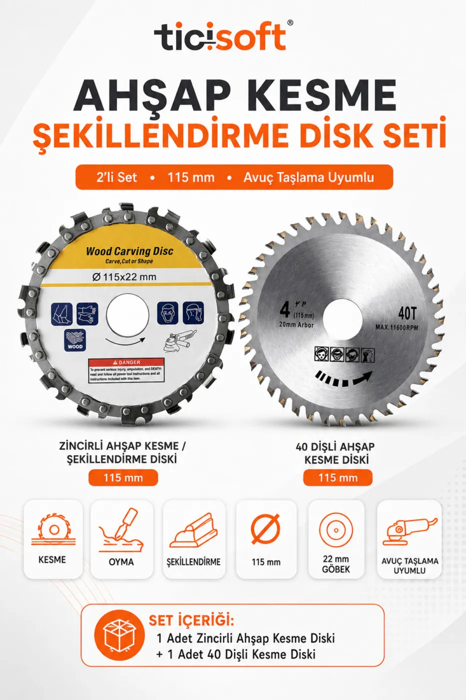 115 mm Ahsap Kesme Sekillendirme Disk Seti Zincirli Oyma Diski ve 40 Dis TCT Testere 2 Parca