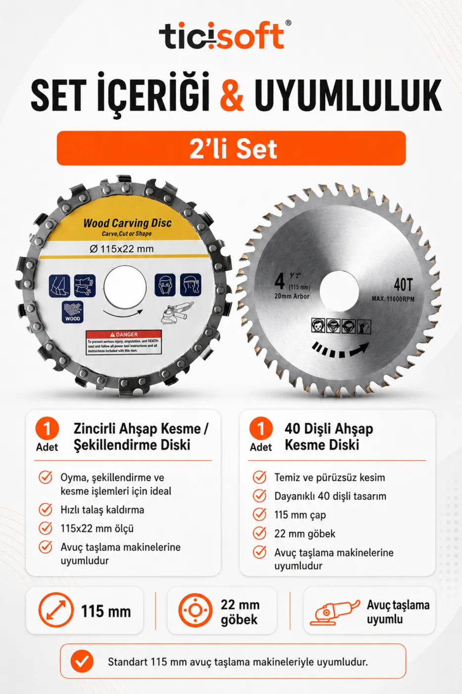 115 mm Ahsap Kesme Sekillendirme Disk Seti Zincirli Oyma Diski ve 40 Dis TCT Testere 2 Parca