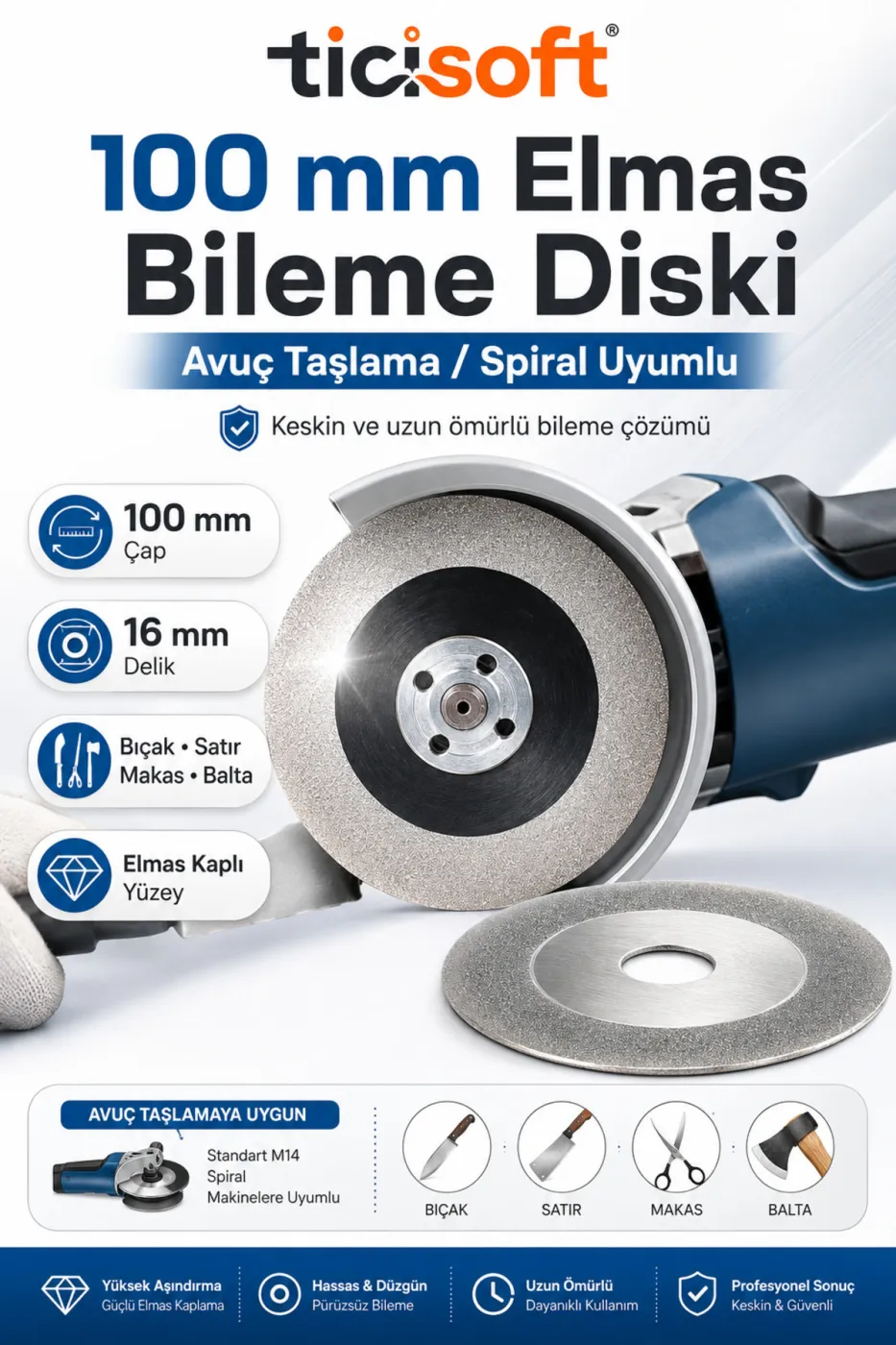 100 mm Elmas Bileme Diski Avuç Taşlama Spiral Uyumlu Bıçak Satır Makas Balta Eğeleme Parlatma Diski 16 mm Göbek