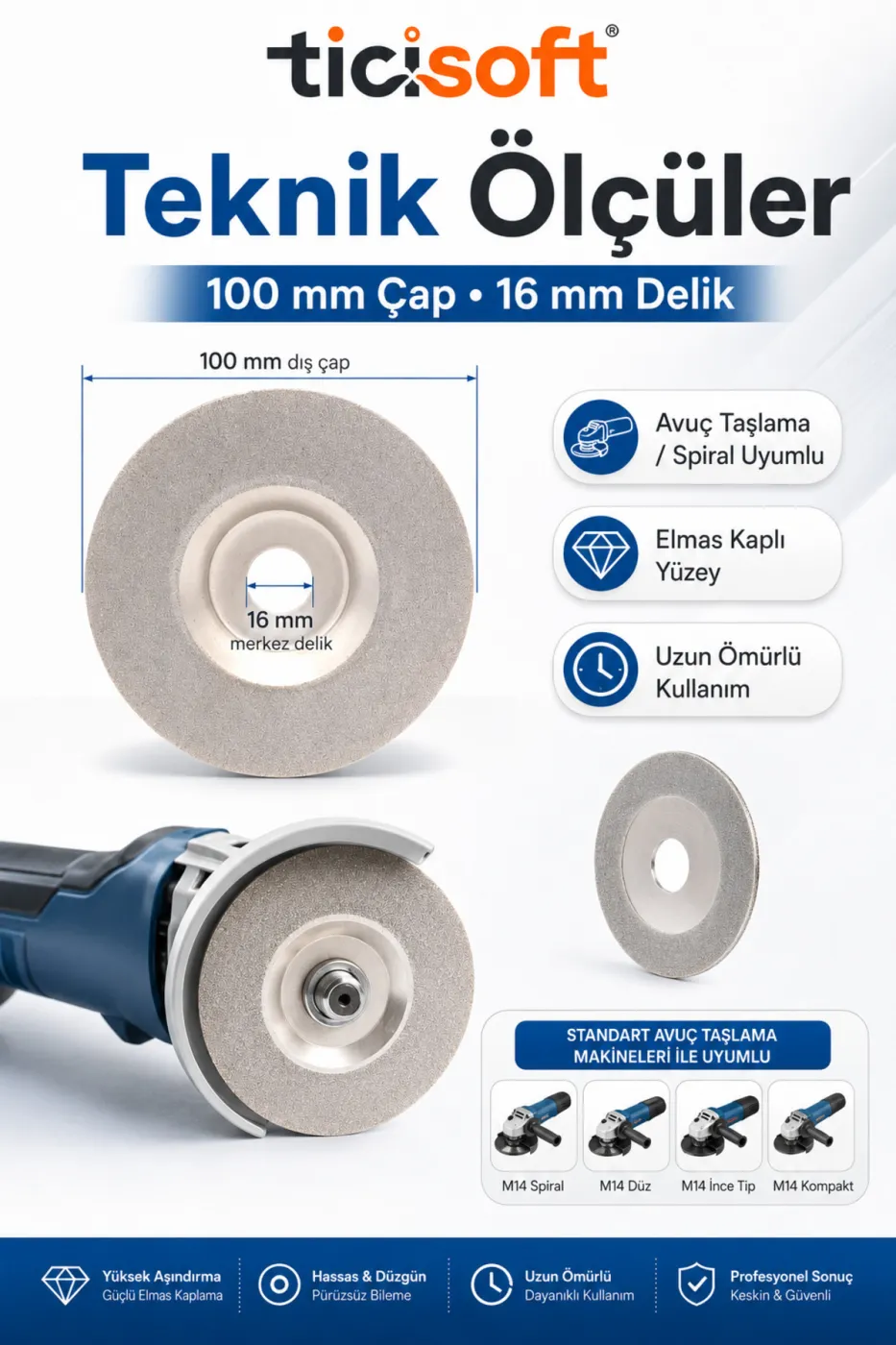 100 mm Elmas Bileme Diski Avuç Taşlama Spiral Uyumlu Bıçak Satır Makas Balta Eğeleme Parlatma Diski 16 mm Göbek