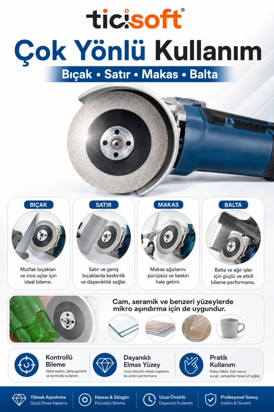 100 mm Elmas Bileme Diski Avuç Taşlama Spiral Uyumlu Bıçak Satır Makas Balta Eğeleme Parlatma Diski 16 mm Göbek
