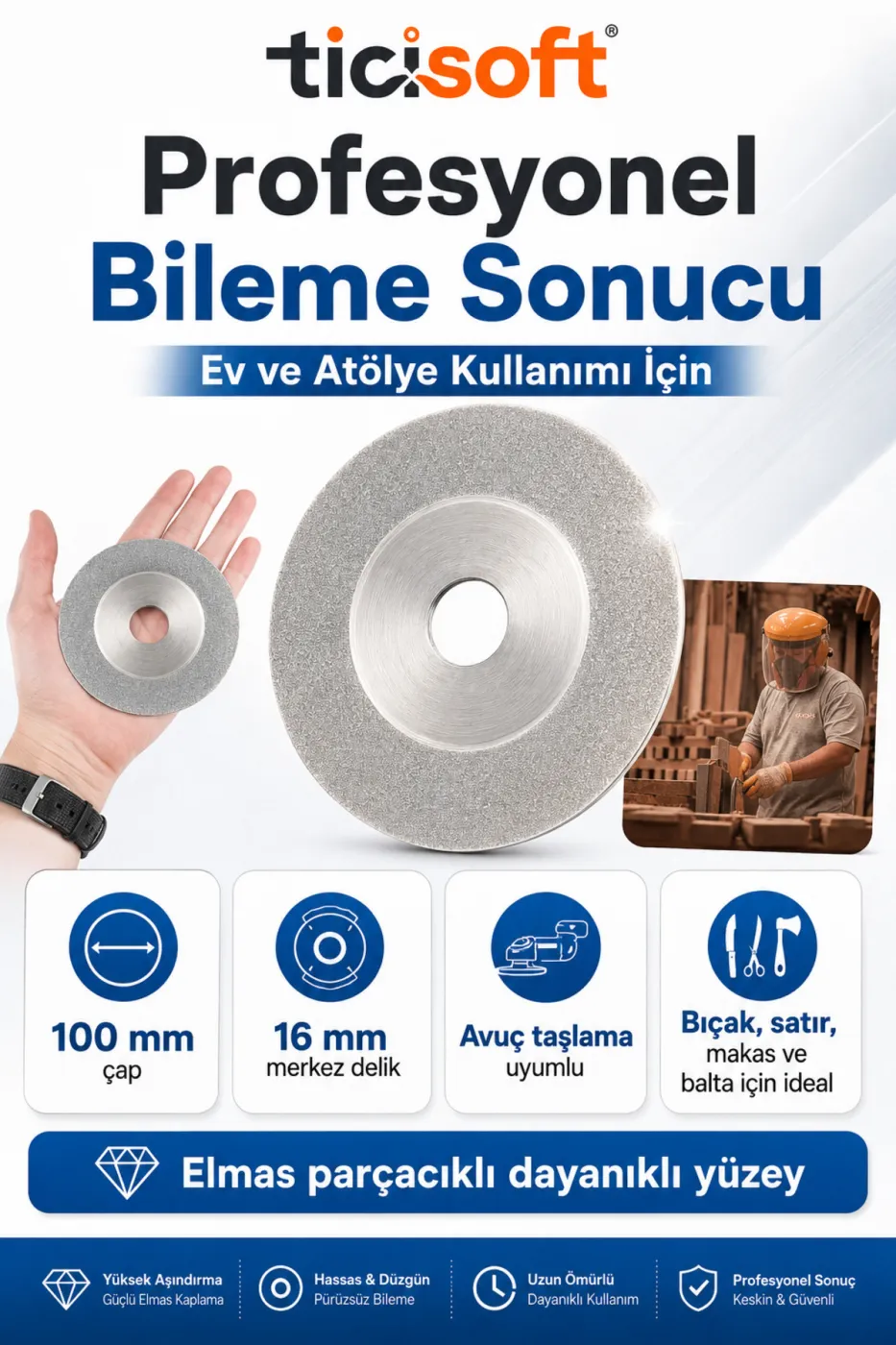 100 mm Elmas Bileme Diski Avuç Taşlama Spiral Uyumlu Bıçak Satır Makas Balta Eğeleme Parlatma Diski 16 mm Göbek
