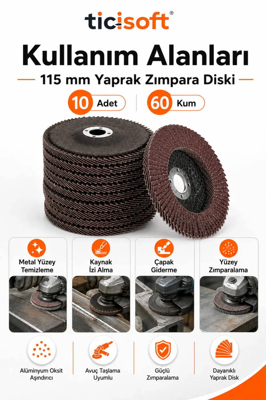 115 mm 10 Adet 60 Kum Yaprak Zimpara Flap Disk Aluminyum Oksit Avuc Taslama Uyumlu