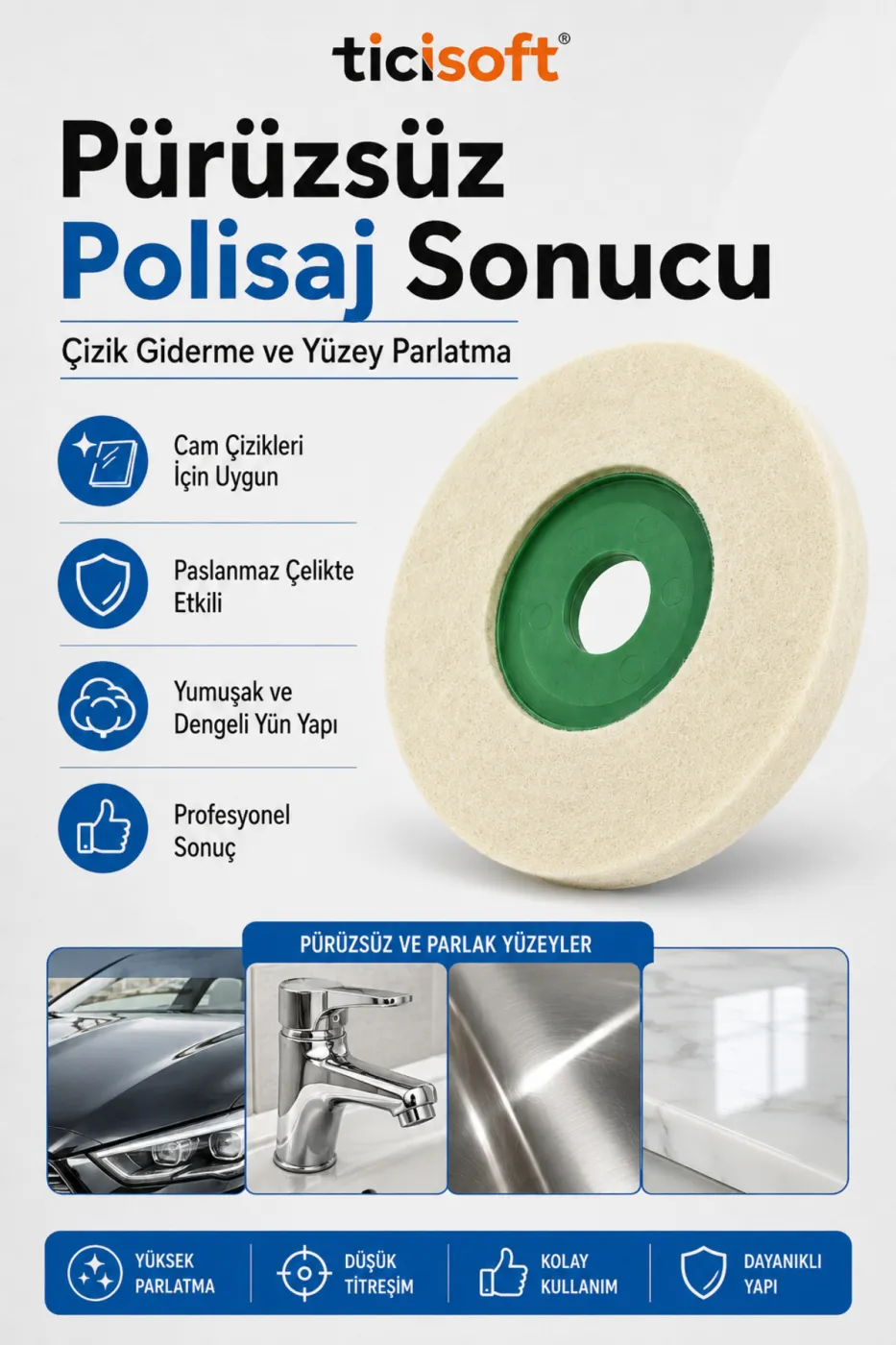 115 mm Koyun Yünü Keçe Disk Avuç Taşlama Uyumlu Naturel Yün Polisaj Parlatma Keçesi 22,3 mm Göbek