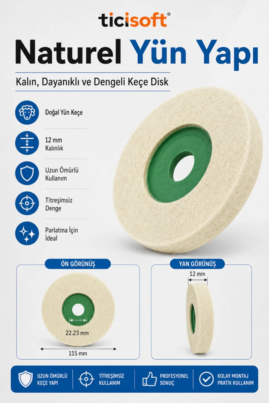 115 mm Koyun Yünü Keçe Disk Avuç Taşlama Uyumlu Naturel Yün Polisaj Parlatma Keçesi 22,3 mm Göbek