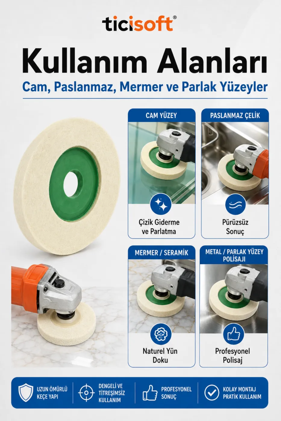 115 mm Koyun Yünü Keçe Disk Avuç Taşlama Uyumlu Naturel Yün Polisaj Parlatma Keçesi 22,3 mm Göbek