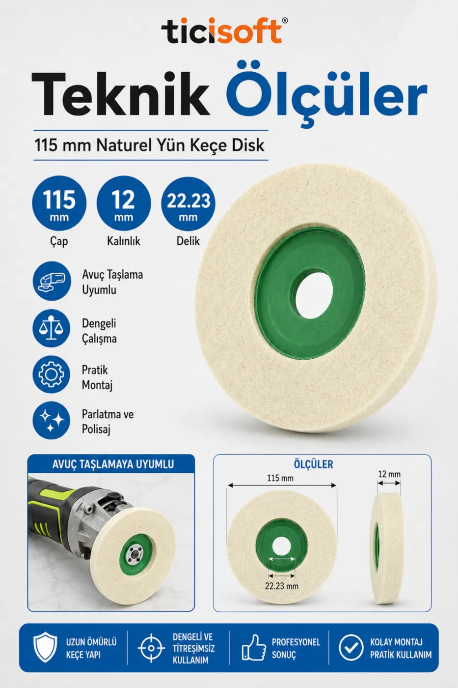 115 mm Koyun Yünü Keçe Disk Avuç Taşlama Uyumlu Naturel Yün Polisaj Parlatma Keçesi 22,3 mm Göbek