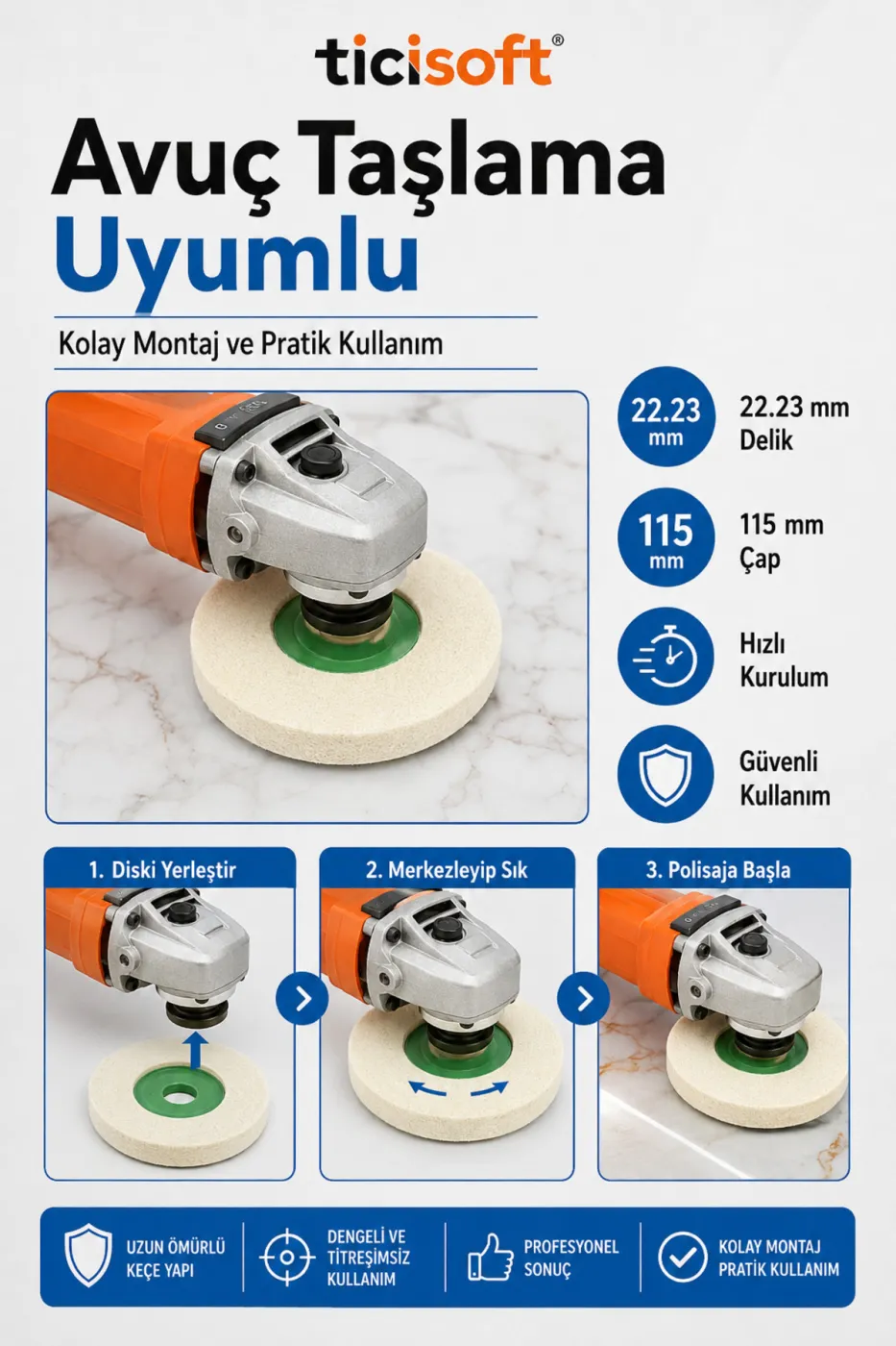 115 mm Koyun Yünü Keçe Disk Avuç Taşlama Uyumlu Naturel Yün Polisaj Parlatma Keçesi 22,3 mm Göbek