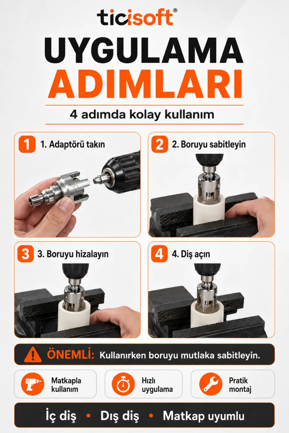 3’lü PVC PPRC Plastik Boru İç Dış Diş Açma Seti 20 mm 25 mm 32 mm 1/2 3/4 1 İnç Matkap Uyumlu Pafta Kılavuz Seti