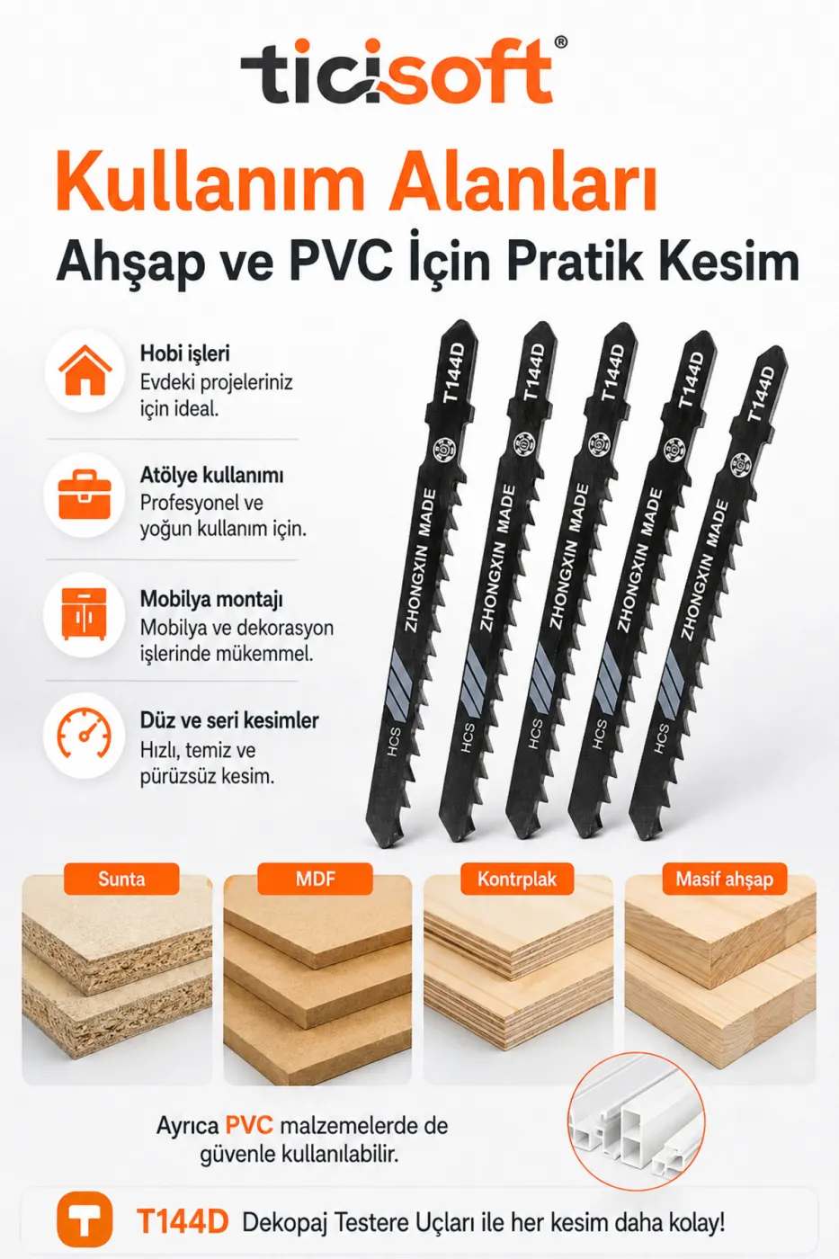 T144D PVC Ahsap Kesme Dekopaj Testere Ucu 5 Parca HCS Sunta MDF Kontrplak Hizli Kesim Seti
