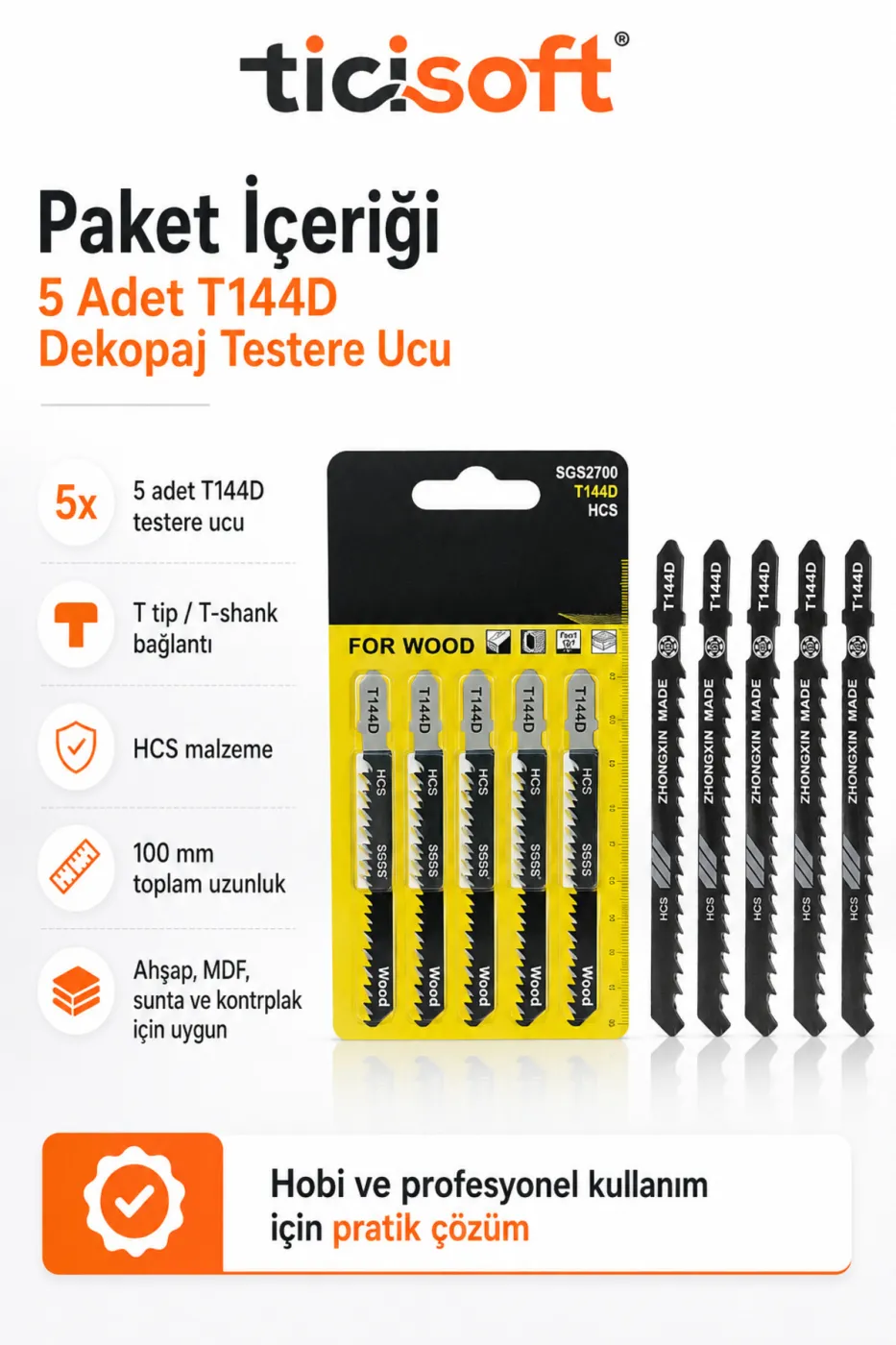 T144D PVC Ahsap Kesme Dekopaj Testere Ucu 5 Parca HCS Sunta MDF Kontrplak Hizli Kesim Seti