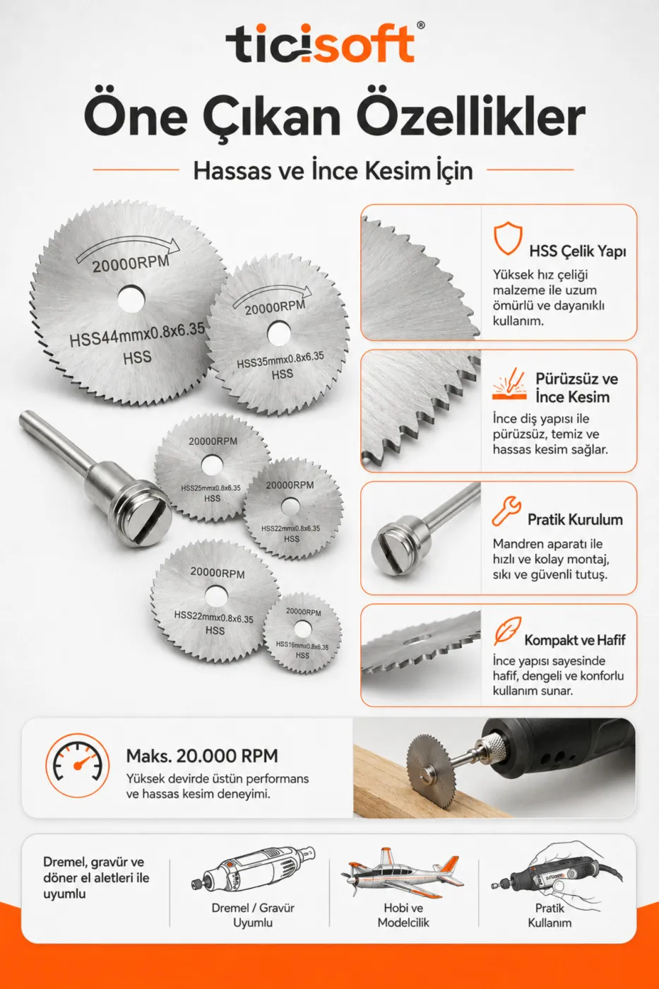 Dremel Matkap Testere Diski 6 Parca Set HSS Mini Dairesel Kesim Testere Bicagi ve Mandren