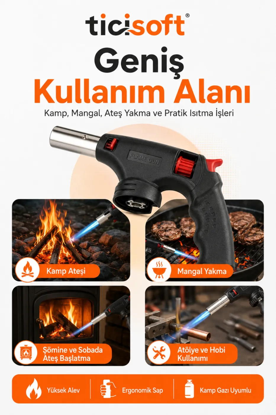 Tabanca Pürmüz Kafası 1500°C Yüksek Alevli Ayarlanabilir Torch Kafa Kamp Gazı Uyumlu Ergonomik Saplı