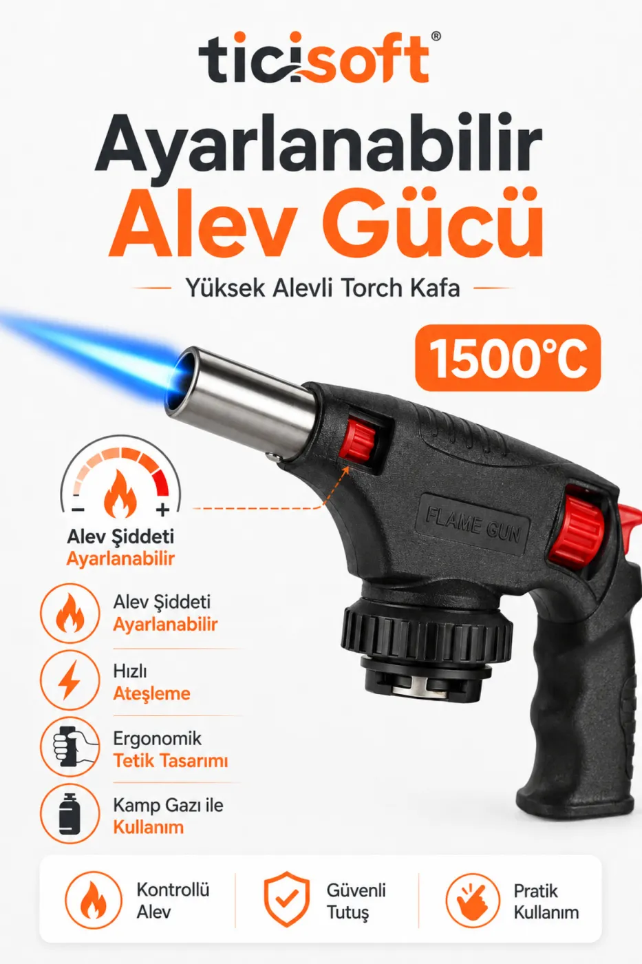 Tabanca Pürmüz Kafası 1500°C Yüksek Alevli Ayarlanabilir Torch Kafa Kamp Gazı Uyumlu Ergonomik Saplı
