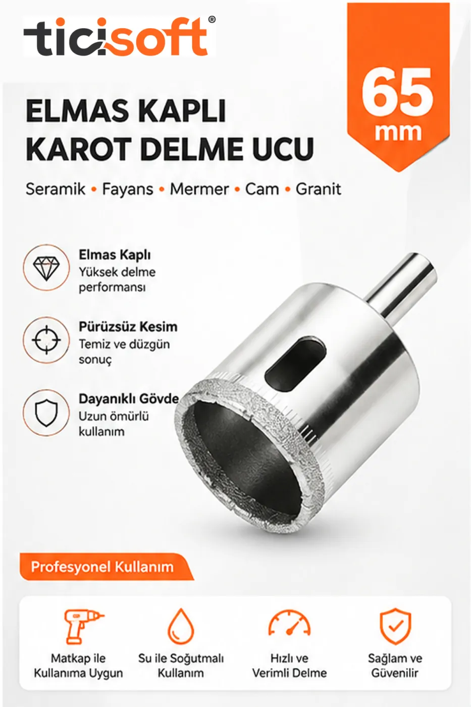 65 mm Elmas Kaplı Panç Delici Uç Cam Seramik Mermer Granit Delme Matkap Ucu