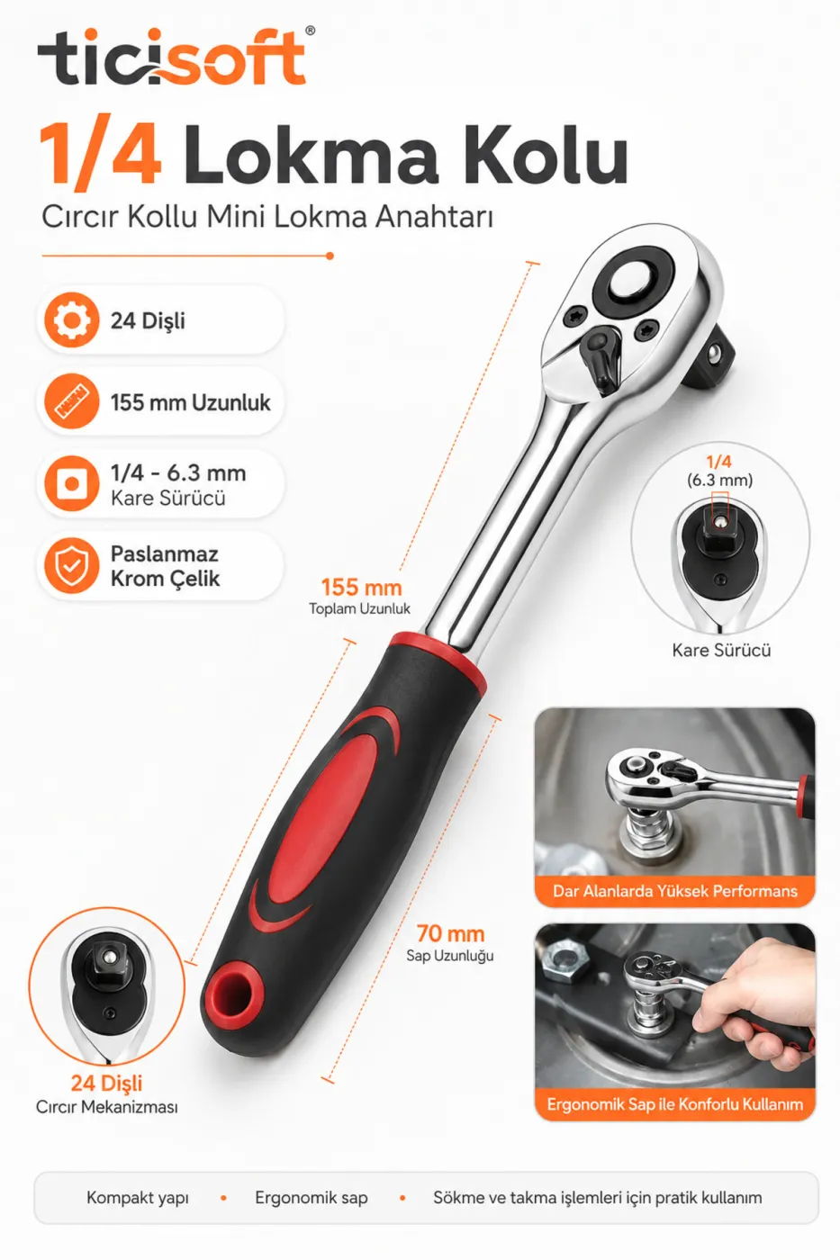1/4 Lokma Kolu Cırcır Anahtar Mini Boy 155 mm Lokma Ahtarı Sökme Takma Kolu