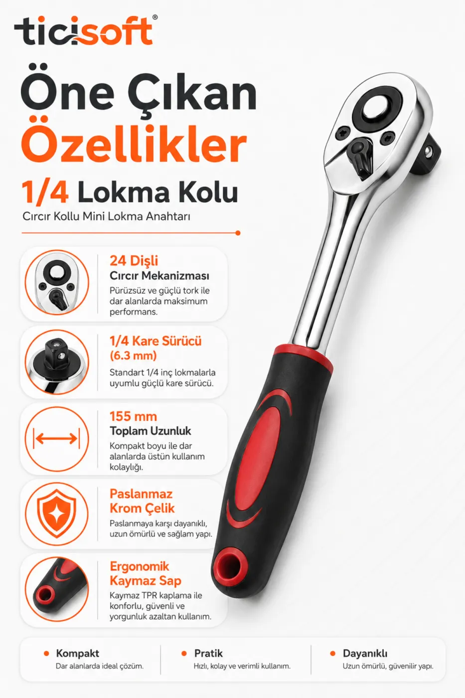 1/4 Lokma Kolu Cırcır Anahtar Mini Boy 155 mm Lokma Ahtarı Sökme Takma Kolu