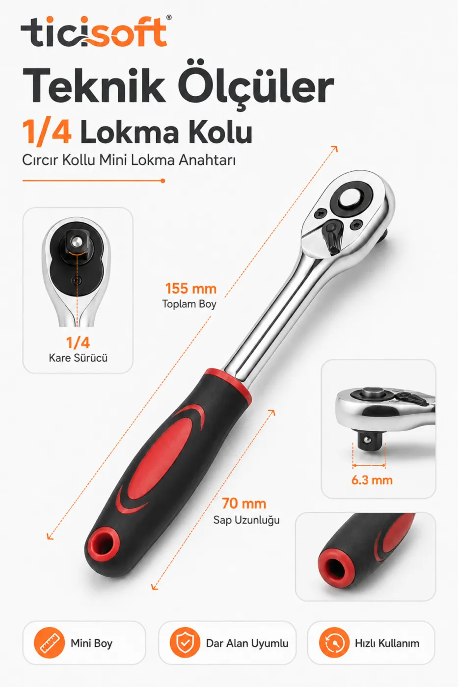 1/4 Lokma Kolu Cırcır Anahtar Mini Boy 155 mm Lokma Ahtarı Sökme Takma Kolu