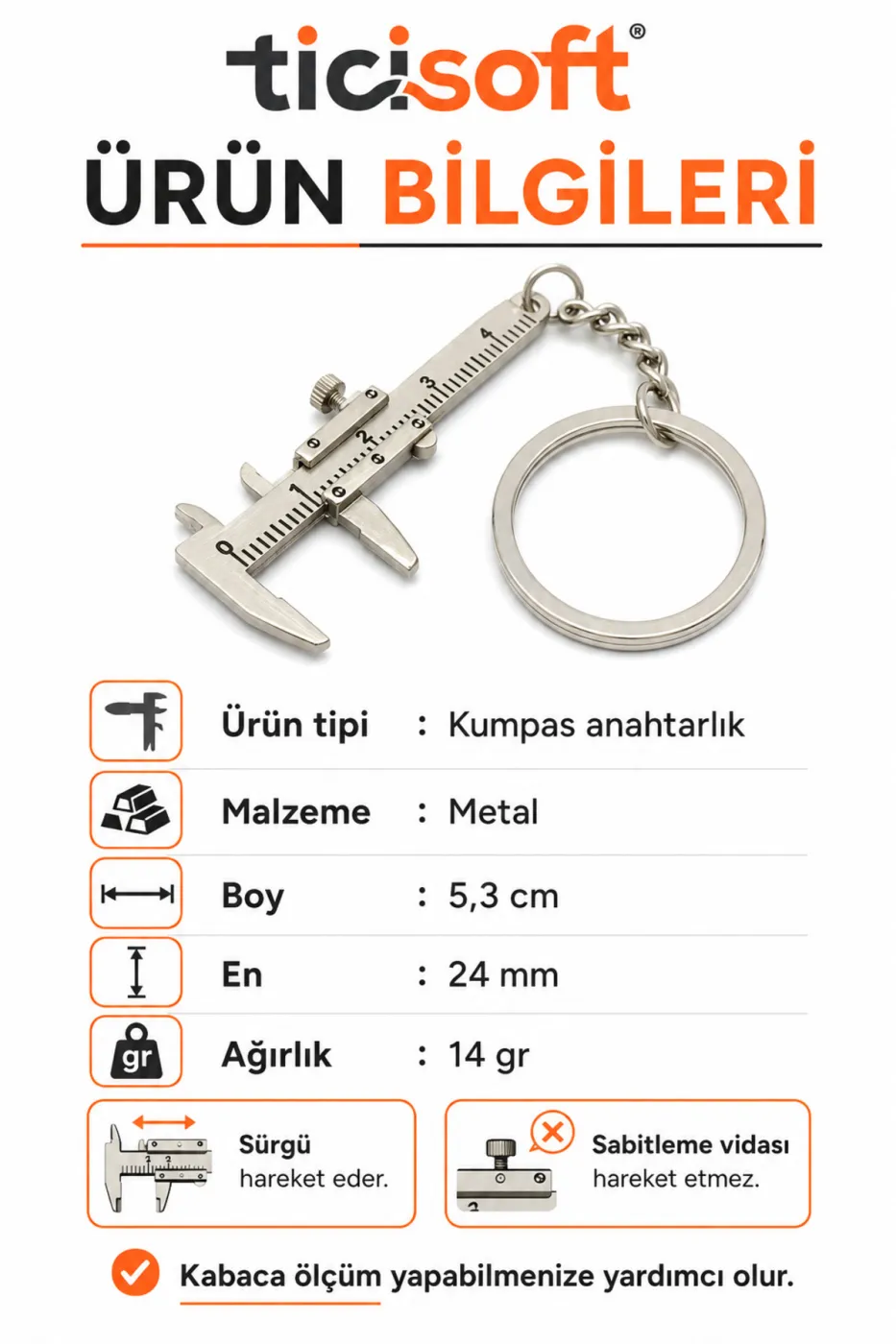 Mini Metal Kumpas Anahtarlık 5,3 cm Hareketli Sürgülü Ölçü Aleti Tasarımlı Metal Anahtarlık