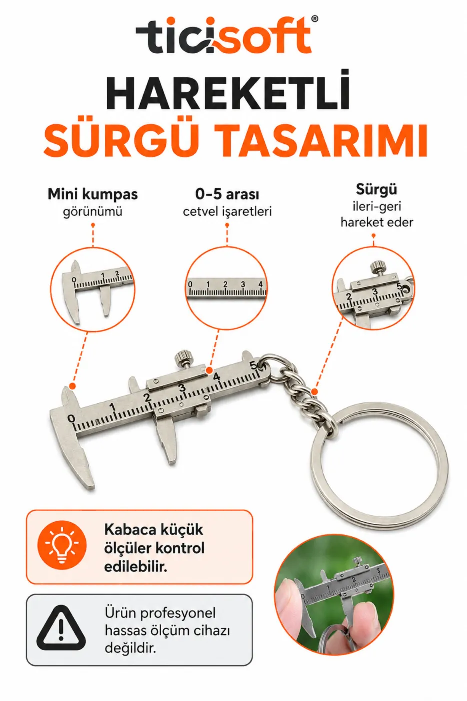 Mini Metal Kumpas Anahtarlık 5,3 cm Hareketli Sürgülü Ölçü Aleti Tasarımlı Metal Anahtarlık