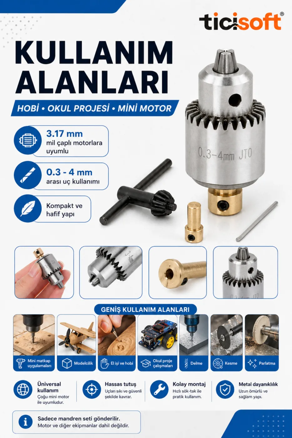 Mini Mandren Seti 0.3-4 mm Sıkma Aralığı 3.17 mm Mil Uyumlu El Sıkmalı Motor Mandreni Hobi Proje İçin